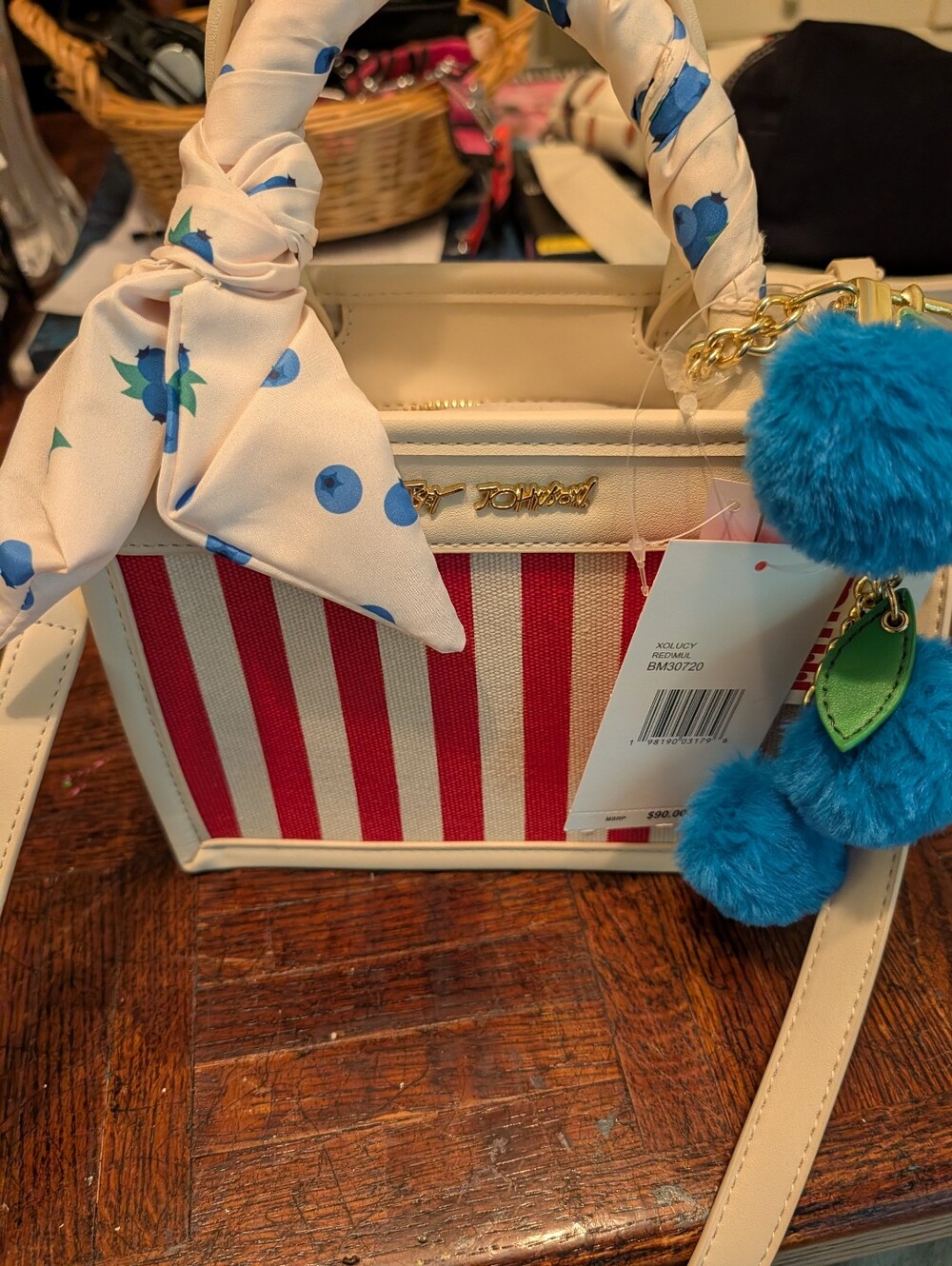 Betsy Johnson Cream & Red Striped Handbag with Blue Pom Pom Blueberry Charm